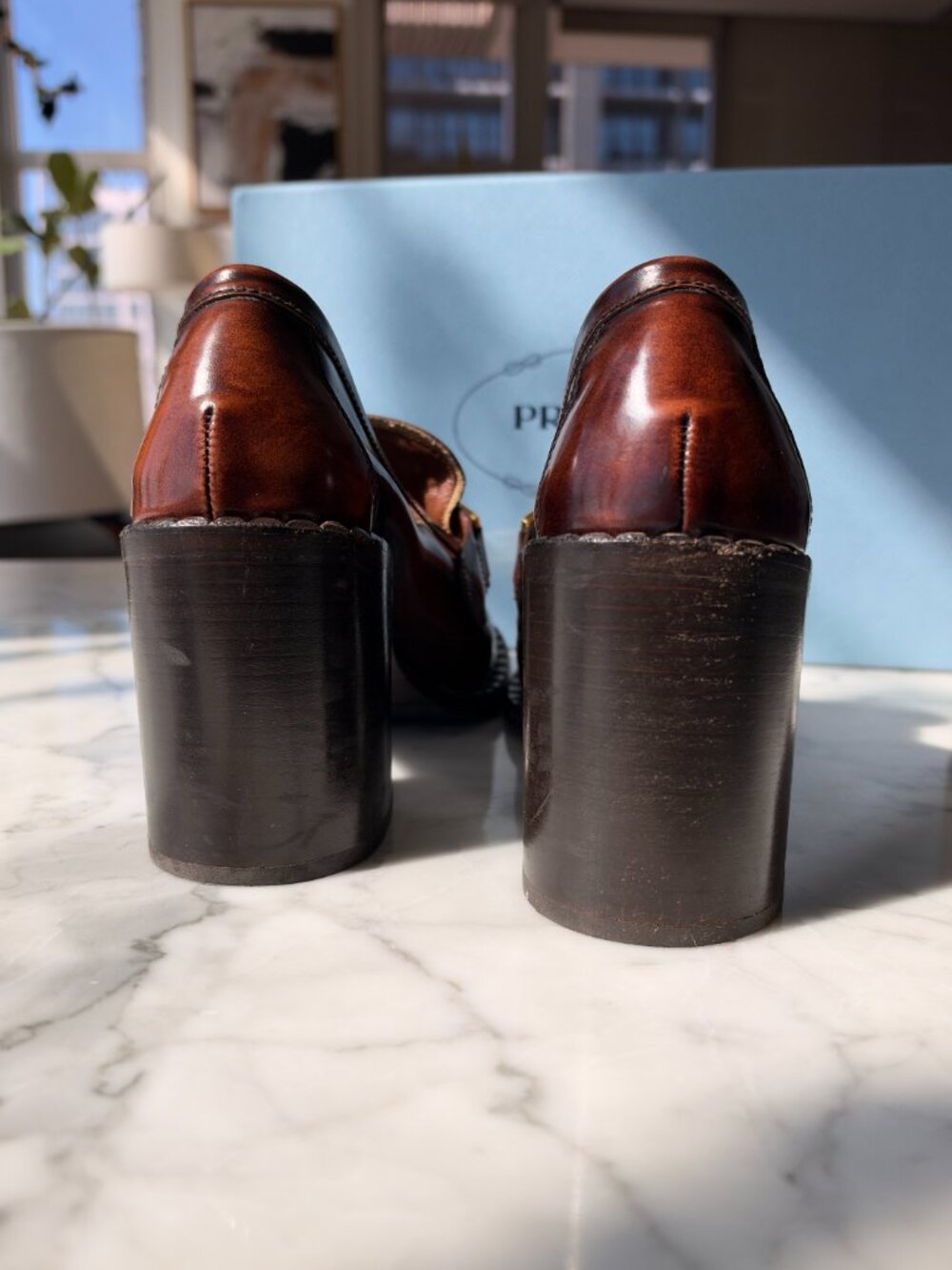 PRADA Leather Woven Heeled Loafers Gold Buckle w/ Box - Picture 4 of 8